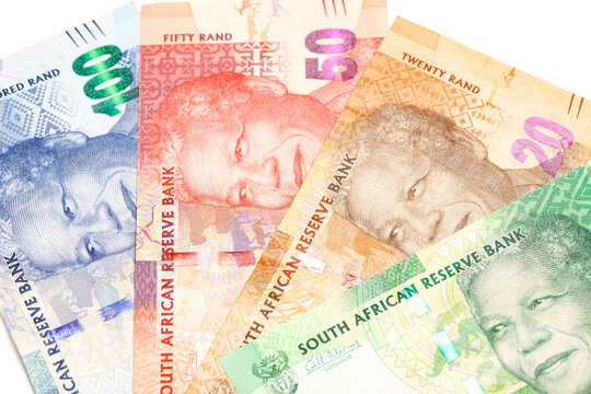 Nelson Holilala Mandela Faces On South African Money Rand Banknotes. President Of South Africa