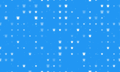 Seamless background pattern of evenly spaced white bell symbols of different sizes and opacity. Vector illustration on blue background with stars