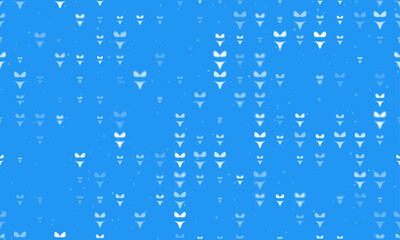 Seamless background pattern of evenly spaced white bikini symbols of different sizes and opacity. Vector illustration on blue background with stars