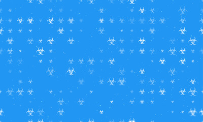 Seamless background pattern of evenly spaced white biohazard symbols of different sizes and opacity. Vector illustration on blue background with stars