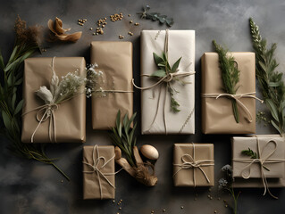 Festive gift boxes wrapped in brown paper and foliage
