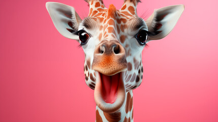 Naklejki  portrait of surprised giraffe on pink background, banner for sale or advertisement, promo action