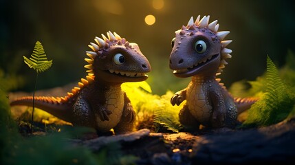 Adorable Tiny Dinosaurs Amidst Blurry Forest Scenery