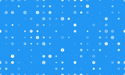 Seamless background pattern of evenly spaced white warning symbols of different sizes and opacity. Vector illustration on blue background with stars