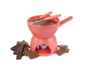 Fondue pot with melted chocolate, pieces of chocolate bar and forks isolated on white