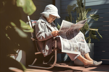 Senior citizen reading newspaper on their patio. Great for stories on retirees, relaxation, senior living, lifestyle, contentment and more.  - obrazy, fototapety, plakaty