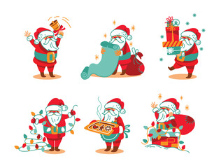 Obraz na płótnie Canvas Santa Claus is preparing for Christmas. Set of stickers. Vector