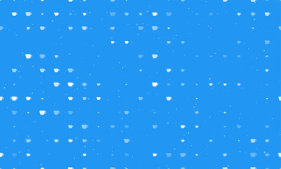 Seamless background pattern of evenly spaced white coffee cup symbols of different sizes and opacity. Vector illustration on blue background with stars