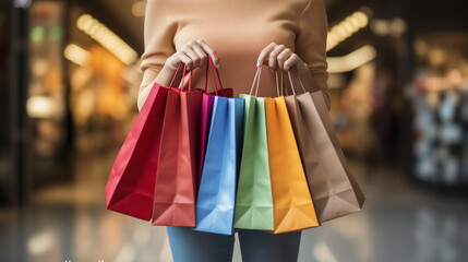 Fototapeta na wymiar Hände mit Einkaufstaschen, Bunt, Shoppen, Passage, Frau, Taschen
