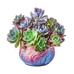 small indoor plant, various cactus and succulent plant (Echeveria elegans ,Ghost-plant) in colorful modern marble pot, isolated on white or transparent PNG. Home indoor design.