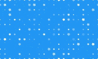Seamless background pattern of evenly spaced white forget-me-not flowers of different sizes and opacity. Vector illustration on blue background with stars