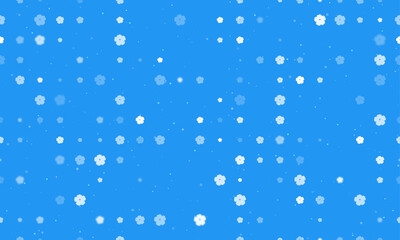 Seamless background pattern of evenly spaced white geraniums of different sizes and opacity. Vector illustration on blue background with stars