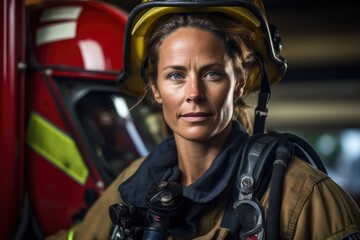 A female firefighter in her firefighting uniform, wearing a helmet and holding an axe, with a determined and fearless expression, highlighting her strength and dedication to her crucial role. - obrazy, fototapety, plakaty