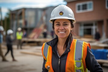 A cheerful female construction worker, wearing a hard hat and work gear, showcasing her skills in the construction industry as she works on a building project.