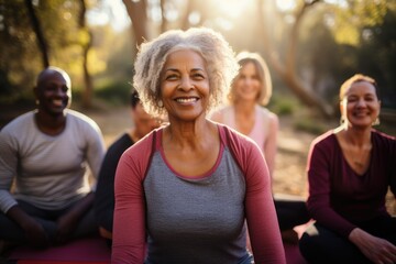 Elderly participants practicing outdoor yoga, assuming diverse postures, underscoring their commitment to health and harmony, evoking a feeling of serenity and resilience. - obrazy, fototapety, plakaty