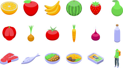 Healthy meal delivery icons set isometric vector. Nature customer box. Service online