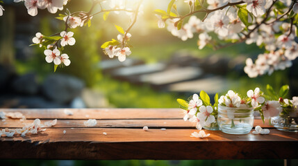 Holztisch im Frühling, Blumen, Äste, Blüte, Frühjahr, Sonne