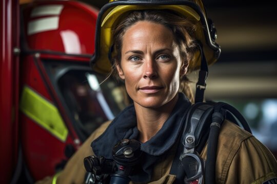 A female firefighter in her firefighting uniform, wearing a helmet and holding an axe, with a determined and fearless expression, highlighting her strength and dedication to her crucial role.