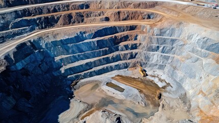 Aerial view Mine industry, excavator and truck for coal quarry, Large quarry dump truck. Big yellow mining truck Open pit at work site.