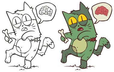 Cartoon funny Halloween green zombie cat with bone. Hand drawn vector postcard for coloring.