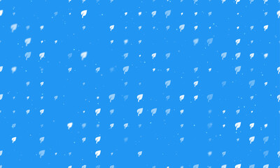 Seamless background pattern of evenly spaced white leaf symbols of different sizes and opacity. Vector illustration on blue background with stars