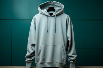 Mockup of grey cotton sweatshirt on coat rack on neon light wall background