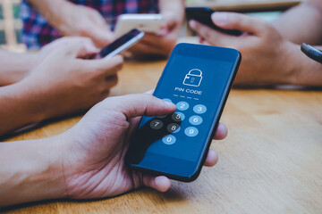business people hand entering password code on mobile smart phone, cyber internet security,...