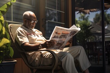 Senior citizen reading newspaper on their patio. Great for stories on retirees, relaxation, senior living, lifestyle, contentment and more. 