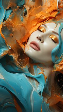  a close up of a woman's face with orange and blue paint on her face and her hair blowing in the wind.  generative ai