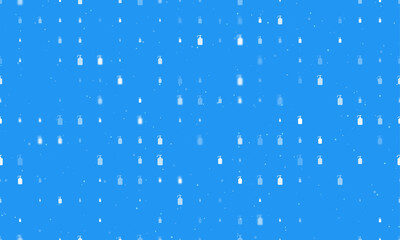 Seamless background pattern of evenly spaced white liquid soap symbols of different sizes and opacity. Vector illustration on blue background with stars