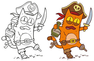 Cartoon funny Halloween pirate cat with sword and rum. Hand drawn vector postcard for coloring.