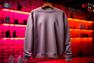 Mockup of grey cotton sweatshirt on coat rack on neon light wall background