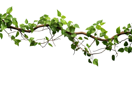 Panoramic tropical vine hanging ivy plant bush frame with border, with copy space for text and branches, isolated on a transparent background. PNG cutout or clipping path.