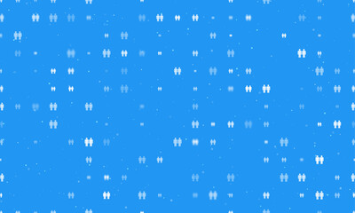Seamless background pattern of evenly spaced white man with man symbols of different sizes and opacity. Vector illustration on blue background with stars