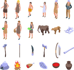 Ancient era family icons set isometric vector. Cave man primitive. Fire wife person