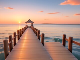 Fototapeta na wymiar Wooden pier on the beach at beautiful sunset in the evening