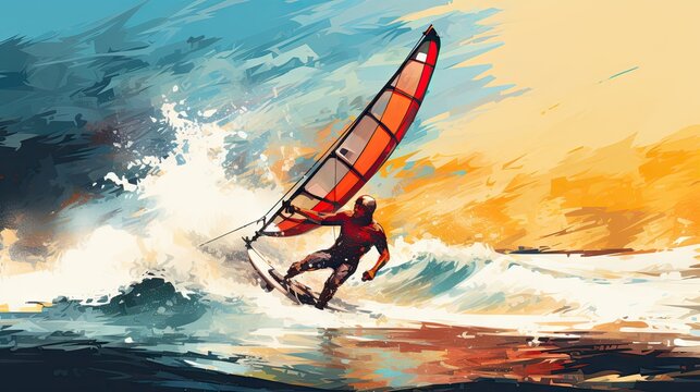  a painting of a man riding a surfboard on a wave in the ocean with a sail on top of it.  generative ai