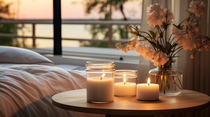Bett, Nachttisch, Kerzen, entspannung, Hotel, Wellness, ruhe, Kerzenlicht, Blumen