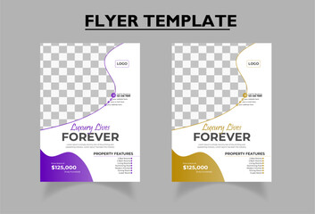 Creative abstract real estate Flyer Template | Real estate promoting flyer for real estate agency and businessman and businesswoman | Purple, Yellow colors | Use of gradients | 