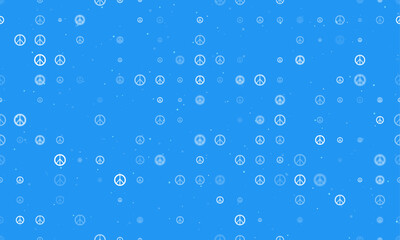 Seamless background pattern of evenly spaced white peace symbols of different sizes and opacity. Vector illustration on blue background with stars