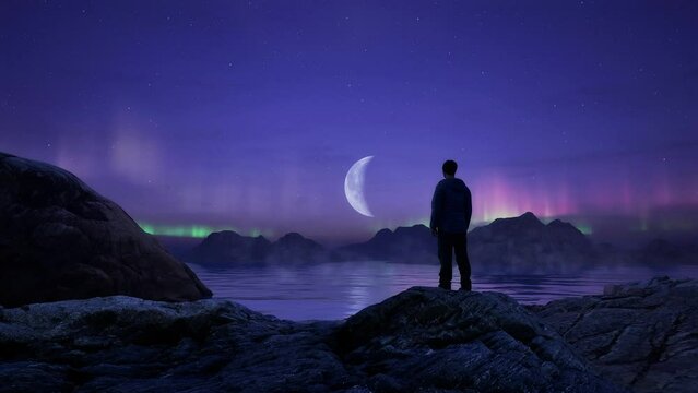 Man at Rocky Shore Ocean Coast. Magical Mountain Scene in Nature. Night with Moon and Aurora. 3d Rendering landscape. Aerial. Moonlight.
