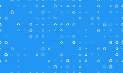 Seamless background pattern of evenly spaced white recycling symbols of different sizes and opacity. Vector illustration on blue background with stars