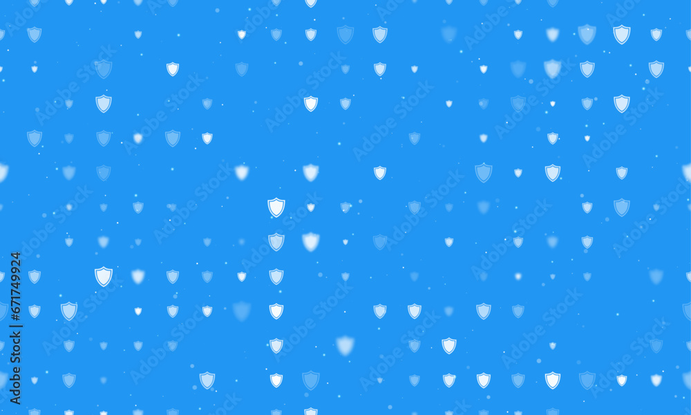 Poster seamless background pattern of evenly spaced white shield symbols of different sizes and opacity. ve