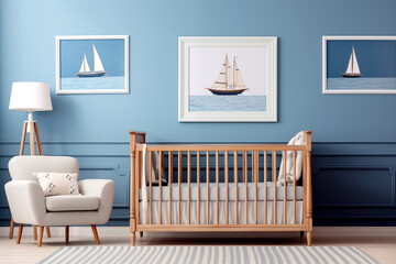 Classic boys nautical nursery with crib and vertical medium sized poster above crib