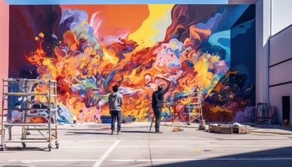 Photo of Large Mural Being Painted by Two Men