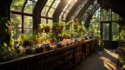 Modern greenhouse with lush plants under sunlight