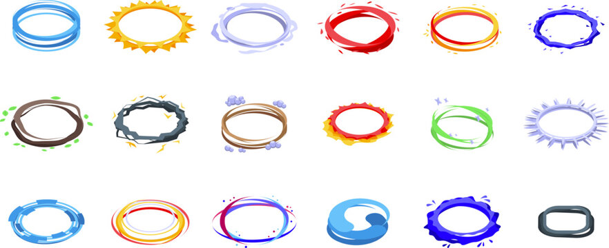 Ring energy flare icons set isometric vector. Energy teleport. Circle portal glow