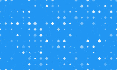 Seamless background pattern of evenly spaced white spades of different sizes and opacity. Vector illustration on blue background with stars
