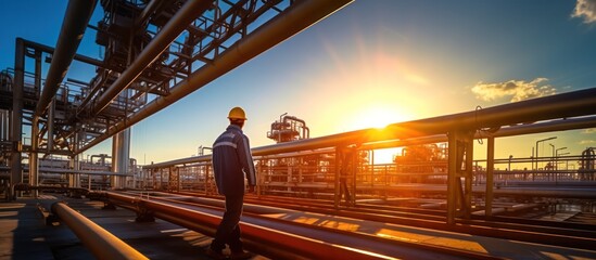 Naklejka premium Engineer working at oil and gas plant. Refinery plant. Equipment steel pipes. Industry and factory