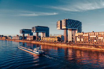 Cologne Kranhaus business center on the Rheinauhafen waterfront in sunny morning